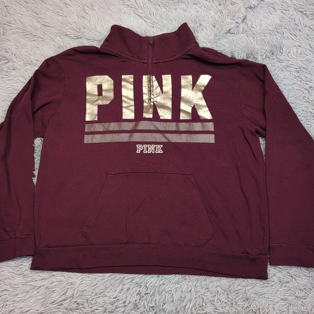 Pink Victoria's Secret Sweatshirt Womens L Maroon Pockets Half Zip Athletic
